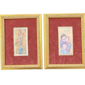 RARE Edna Hibel Floral Vase Blue Bottle | Mother Children Print Litho Signed Vtg